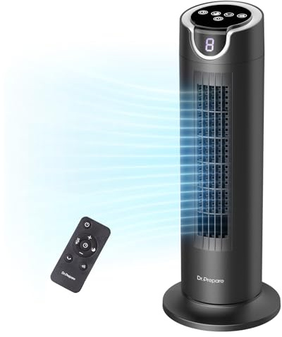 DR.PREPARE Turmventilator mit 12W DC Motor, Tischventilatoren mit Fernbedienung, 25 dB, 7m/s, 8 Geschwindigkeiten, 1–8 Stunden Timer, 80° Oszillierender, Leise Ventilator für Schlafzimmer, Büro
