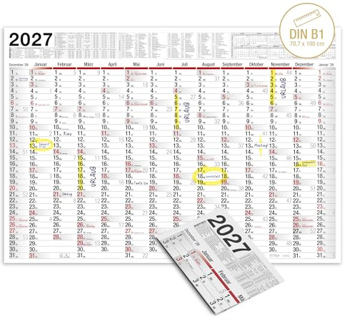 TOBJA® Wandkalender 2027 Groß mit Feiertagen und Ferien DE, AT | Jahresplaner 2027 XXL Poster 100x70 cm | FSC-Zertifiziert, 14 Monate | Wandkalender Gefalzt [1 Stück Gefalzt]
