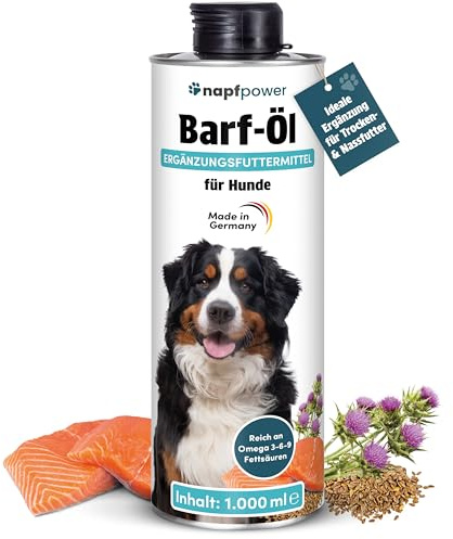 napfpower Barf Öl für Hunde (1 Liter) – Reich an Omega 3-6-9 Öl aus Lachsöl, Leinöl, Hanfsamenöl, Borretschöl & Mariendistelöl – Hochwertiges Futteröl & Barf-Zusatz – Auch als Topping geeignet