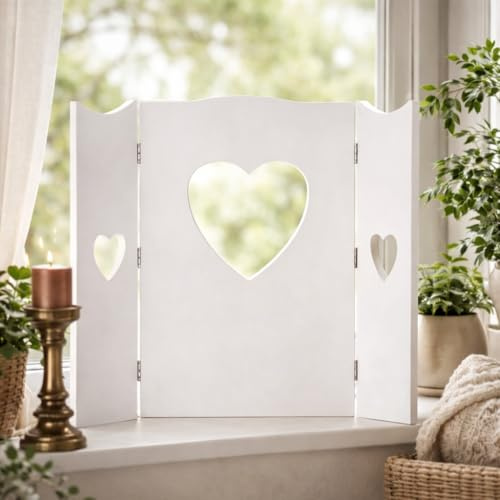 DRULINE Heart Wandschirm - Fensterdeko aus Holz, Fensterladen Aufsteller, Shabby Chic Dekoration, 60x58.5 cm, Klappbar - Erhältlich in Grau, Natur, Weiß - Rustikal, Vintage, Innenraum