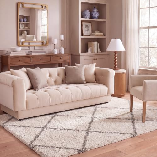 SAFAVIEH Zottelig Teppich für Wohnzimmer, Esszimmer, Schlafzimmer - Hudson Shag Collection, Hoher Flor, Elfenbein und Grau, 155 X 229 cm