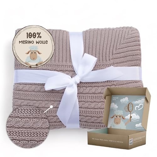 MIRARI Kids Baby Decke aus 100% Merino Wolle 75x100 cm mit Geschenk Box - Baby Wolldecke – Einschlagdecke Babyschale - Kuscheldecke - Gestrickte Decke - Wolldecke Kinderwagen - Newborn Geschenk