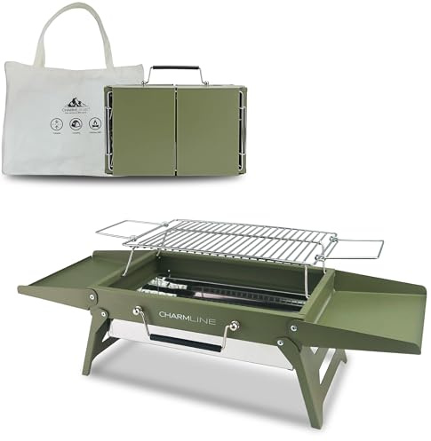 Charmline Tragbarer Holzkohlegrill, Klappbarer Campinggrill 35 x 23 cm für 1–3 Personen, Mini BBQ Grill für Balkon, Garten, Camping, Picknick und Strand, Grün