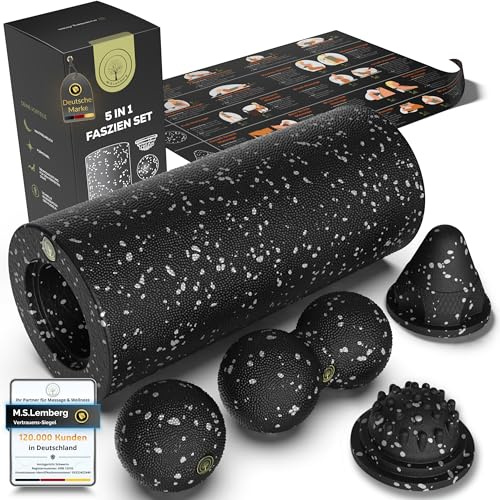 M.S.Lemberg® 5in1 Faszienrolle Set inkl. Faszienball, Duoball, Triggerpunkt Drücker, Trigger Twist, A3 Poster - Faszien Foam Roller Massage Rolle für Wirbelsäule Rücken Nacken Beine Yoga Pilates
