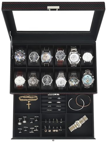 Uhrenbox mit 12 Fächern, Uhrenkasten mit Glasdeckel, Uhrenkoffer mit herausnehmbaren Uhrenkissen, Metallverschluss, PU-Bezug in Schwarz, Samtfutter in Schwarz, Vatertagsgeschenk, Geschenk für Männer