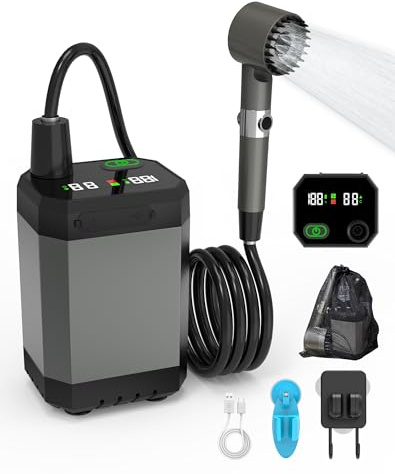 INSSISAIN Tragbare Campingdusche Akku mit Pumpe 6000mAh,Mobile Campingdusche,3 einstellbarem Duschkopf, 2m Schlauch, 2 Halterung,für Camping Reisen Garten Autowaschen Temperaturanzeige