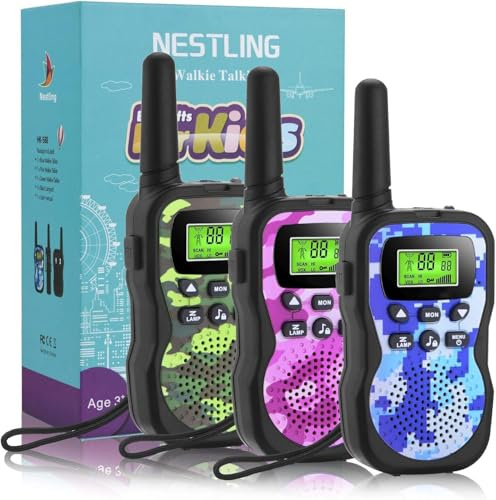 Nestling Walkie Talkie 3 Stück, Verbesserte Version Camouflage 8 Kanäle, 2-Wege-Radio-Spielzeug mit Hintergrundbeleuchtung LCD-Taschenlampe, 3 KM Reichweite für Kinder, Indoor-Outdoor-Aktivität