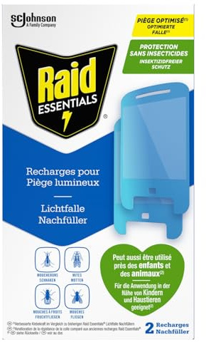 Raid Essentials 2x Lichtfalle Nachfüller für Fliegen, Fruchtfliegen und Motten, Ohne Insektizide, 24/7 Schutz vor fliegenden Insekten, Lichtfalle für den Innenbereich, 2er Pack