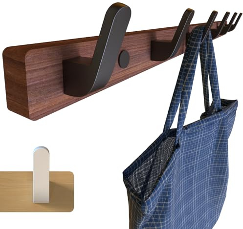SunVFaFa Kleiderhaken Wand, Garderobenhaken Schwarz Matt 55cm, Garderobenleiste Holz mit 6 Metall Haken, Wandgarderobe, Wandhaken Garderobe, Hakenleiste Hängegarderobe – Walnuss, Aluminium