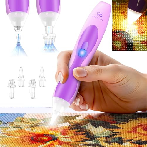 Elektrischer Diamond Painting Stift mit Licht, kabellos & wiederaufladbar, 3 Helligkeitsstufen, leise, ergonomischer Griff, extra Einzel- & Dreifach-Spitzen – Diamond Painting Zubehör für Anfänger