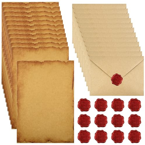 40 Stück Vintage Briefpapier mit Umschlag, Set Vintage Schreiben mit 12 Vintage-papier Briefumschläge, 16 A5 Briefpapier und 12 Wachssiegel-aufkleber, für Liebesbrief, Hochzeit,Geburtstag,Weihnachten