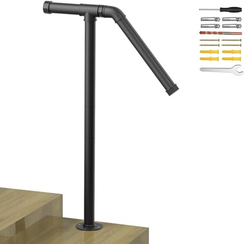 Einzelpfosten Handlauf Treppengeländer für Außentreppe Fit 1-2 Stufen Outdoor Schmiedeeisen Handläufe mit Basis Übergangsverandalgeländer für Betontreppe oder Holztreppe, Schwarz