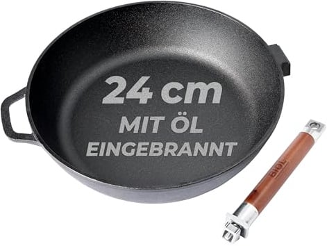 BIOL Gusseisenpfanne 24 cm – tiefe Bratpfanne aus Gusseisen mit abnehmbarem Holzgriff, für Induktion, Ofen & Grill, ohne Beschichtung