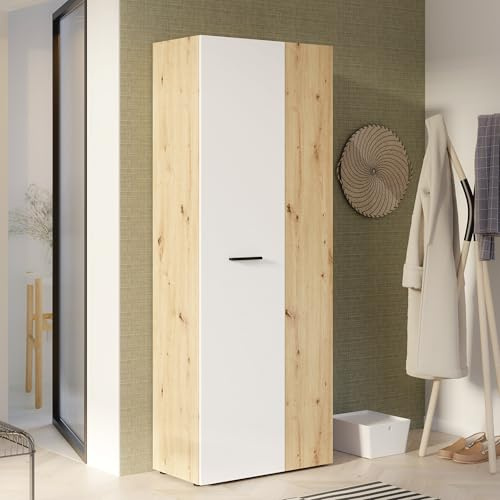 FORTE NET106 Schrank 70 180, Mehrzweckschrank, Staubsaugerschrank, Abstellraum, Drehtürenschrank, 2-türig mit Einlegeböden, Weiß/Holzdekor: Artisan Eiche, 68,7 cm breit x 181,1 cm hoch x 36,5 cm tief