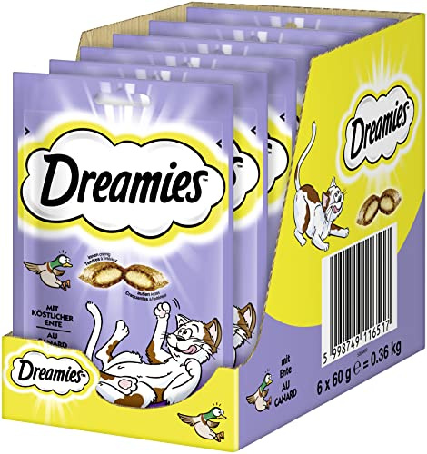 DREAMIES Katzensnacks - 6x60g - mit Ente - Traumhaft knusprige Katzen Leckerlies mit zarter Füllung