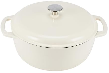 Amazon Basics - Rund Schmortopf aus emailliertem Gusseisen, mit Deckel, 6.9 L, Weiß