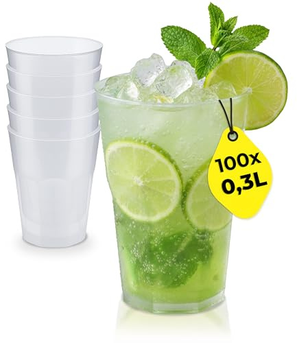Silverkitchen 100x Cocktailbecher 0,3 L – Cocktailgläser aus Plastik | 300 ml Mehrwegbecher aus PP, Plastikbecher, transparent, stapelbar, spülmaschinengeeignet, Made in Germany