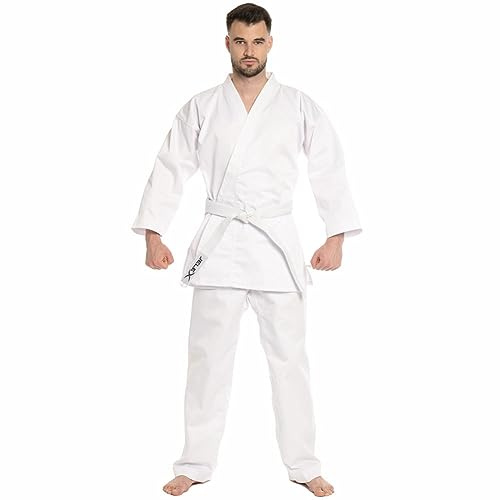 JELEX Kihaku Karateanzug Set aus Hose, Oberteil und Gürtel für Erwachsene und Kinder. Für Karate, Judo und andere Kampfsportarten. Für Einsteiger und Profis (200, Erwachsene weiß)