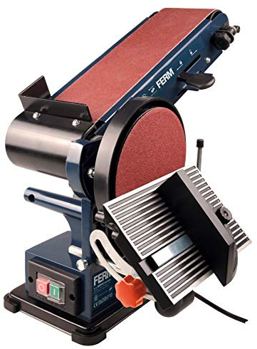 Ferm Bandschleifmaschine – 350W – 150mm - einschl. 2 Schleifbänder (P80 & P120) und 2 Schleifscheiben (P80 & P120), BGM1022
