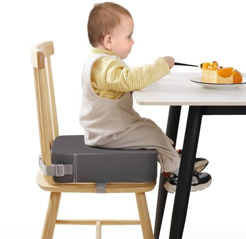 TOTIDYH SitzerhöHung Stuhl Kind PU Waschbar Zerlegbar 10cm SitzerhöHung Sitzkissen Kinder mit 2 Sicherheitsschnalle Gurt Tragbare KindersitzerhöHung Rutschfeste StuhlerhöHung Kinder (Dunkler)