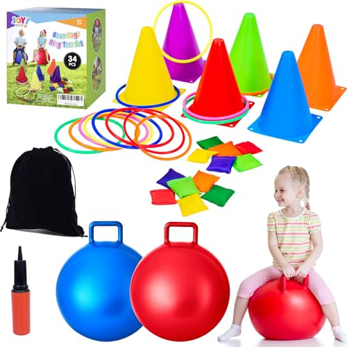 JOY SPOT! Outdoor Spiele für Kinder, Hüpfball Spiele mit Pumpe, Pogo Stick aus Schaumstoff mit weichen Griffen, Kinderparty Wurfspiele & Tic Tac Toe, Outdoor Gartenspielzeug ab 4 5 6 7 8 Jahren