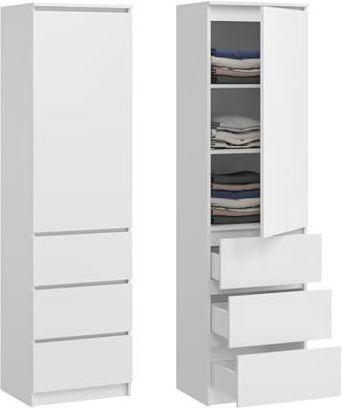 Kleiderschrank, Garderobenschrank, Mehrzweckschrank mit 3 Einlegeböden & 3 Schubladen | kompakter und funktionaler Schrank für Schlafzimmer, Flur oder Arbeitszimmer | 50x40x180 cm (BxTxH) | Weiß