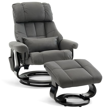 M MCombo Relaxsessel mit Hocker, Drehbare Fernsehsessel mit Liegefunktion, Moderner TV-Sessel Stuhl für Wohnzimmer, mit Kissen & Seitentasche, 9066 (Mikrofaser, Grau)