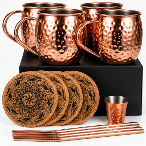 Eligara Moscow Mule Becher Kupferbecher Gehämmert und Handgefertigt Kupfertassen mit 4 Gläsern, 4 Untersetzer, 4 Trinkhalme, 1 Messbecher, Bier, Gin, Vodka, Cocktails und Wasser genießen