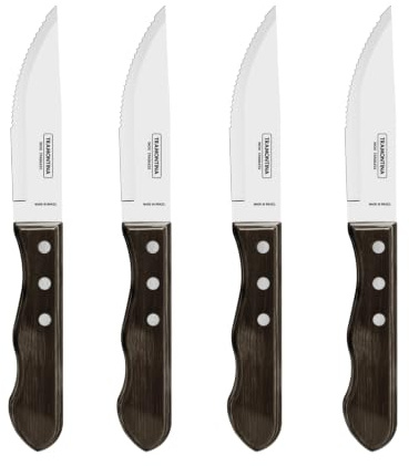 Tramontina JUMBO 4 Steakmesser, Wellenschliff, rostfreier Edelstahl, scharf, spülmaschinenfest, FSC-zertifizierte Holzgriffe, ergonomisch, 4-teiliges Set, Messerset, Griff-Farbe braun