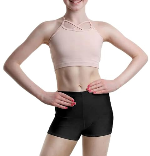 BODYWEAR LTD - Mädchen Glänzende Nylon Hotpants Shorts - Hohe Taille - Einfarbig - Dehnbar - Bequeme Passform - Perfekt für Yoga, Ballett, Gymnastik, Schule, Sportbekleidung, Schwarz , 9-10 Years