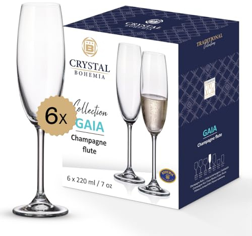 Crystal Bohemia Champagnerflöten Gläser Set – 6er Set, je 220 ml, Kristallglas, spülmaschinenfest, kratzfest, langlebig & elegant – hochwertige Flötengläser, ideal als Geschenk für Sektliebhaber