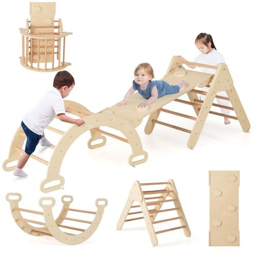 COSTWAY Kletterdreieck mit Rutsche, Kletterbogen, inkl. doppelseitige Rampe, zum Klettern, Rutschen und Wippen, 4 in 1 Klettergerüst Indoor ab 1 Jahr (Holzfarbe)