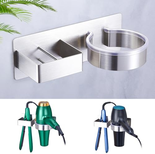 WAYASI Glätteisen Halterungs Ohne Bohren, Föhnhalter Wand, Föhn und Glätteisen Halterung Aufbewahrung, Fönhalterung Wandhalterung, Föhnhalterung Bad, Selbstklebend Haartrocknerhalter (Silber)