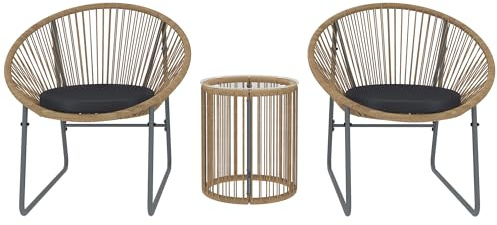 Outsunny 3-teiliges Rattan PE- und Stahl-Gartenset, Set aus 2 Stühlen mit waschbaren Kissen und Zylinder-Kaffeetisch mit Glasplatte, Balkonmöbel-Set, für Terrasse und Hof, Farbe Holz