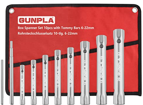 Gunpla Rohrsteckschlüsselsatz 10-tlg Metrische 6x7mm-20x22mm inkl. Drehdorn, Schraubenschlüssel Satz in Rolltasche für Spuele, Becken, Wasserhahn Installation und Reparatur