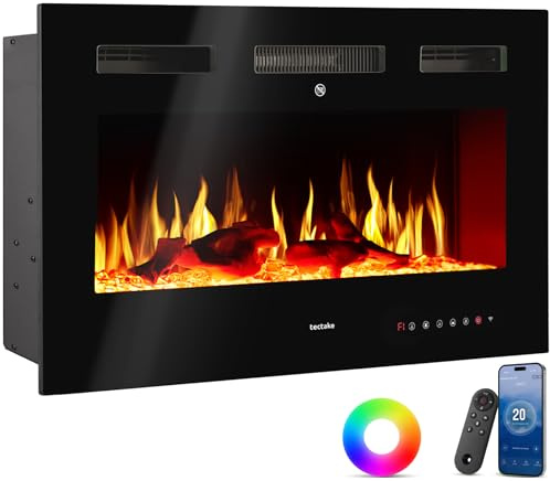 tectake® Elektrokamin Wand, elektrischer Kamin, 2 Heizstufen 900W/1800W, 3D Flammeneffekt, viele Farbeinstellungen, Kamin elektrisch mit Fernbedienung, App Steuerung, Thermostat - 91,5 x 12 x 43 cm