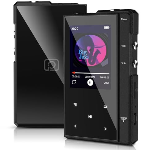 MP3-Player mit 90 Stunden Akkulaufzeit, Bluetooth 5.0, Phinitec Z6 Digital Audio Player mit Robustem und Langlebigem Metallgehäuse, 2,4 Zoll IPS Glasdisplay (Schwarz, 96, GB)