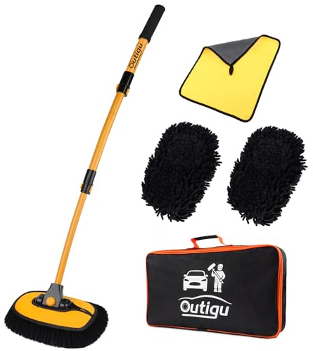 Outigu Autowaschbürste mit Teleskopstiel, 3-in-1 Chenille Mikrofaser Chenille Reinigungsset für Auto, LKW und Hausreinigung, Autowaschmopp mit gebogenem Design Langer Griff