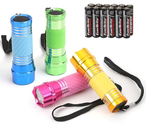 EverBrite Mini LED Taschenlampe 4-tlg. kleine Taschenlampe mit 12 AAA Batterien Eingebaut, Mitgebsel Geschenke, Handlampe für Notfall, Outdoor, Wandern, Camping