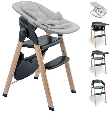 babyGO Levels Hochstuhl Newborn – mitwachsender Hochstuhl ab Baby, klappbar, belastbar bis 110 kg, sicher & stabil, verstellbare Fußstütze, abnehmbarer Tisch (Schwarz)