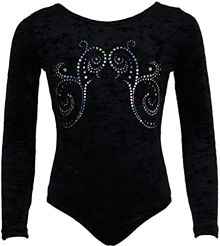 GymStern Made in Germany Mädchen Gymnastikanzug Turnanzug aus Stretch-Velvet mit Rundhalsausschnitt Turnbody Gymnastiktrikot Turntrikot LANGARM KOREE (SCHWARZ CRASH, 140)