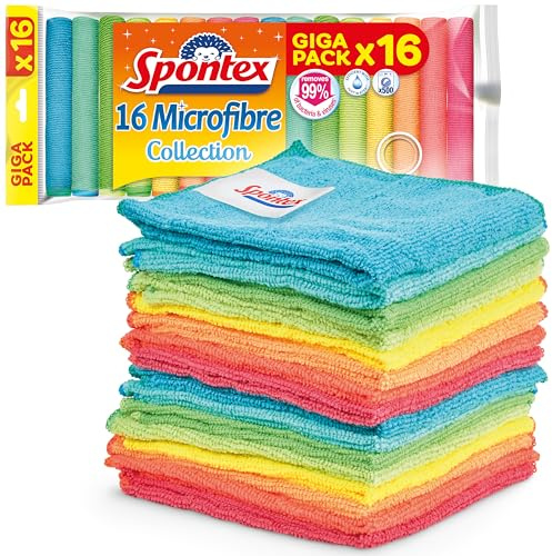Spontex Mikrofasertücher für Reinigungsaufgaben | 16 Reinigungstücher der Mikrofaser-Kollektion | Verwendung als Staubtücher und Küchentücher | 30 x 30 cm | 16 Stück