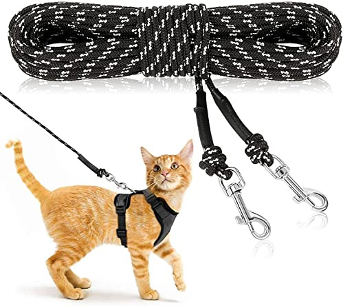 RANYPET Reflektierende Lange Leine für Katzen, 15 m, 5 mm stark, Schwarz | reflektierendes Nylonseil, Verhedderungsfrei & Entfliehungssicher, 2 Karabiner mit 360°-Drehgelenk, für Garten & Training