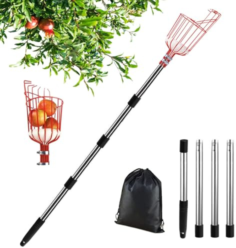 Apfelpflücker mit Teleskopstiel Edelstahl 2.0M, Obstpflücker mit Teleskopstiel Metall, Kirschpflücker Outdoor Garten, Obstpflücker mit Teleskopstange, Obsternter Erntehelfer Birnen Beeren Ø 145mm