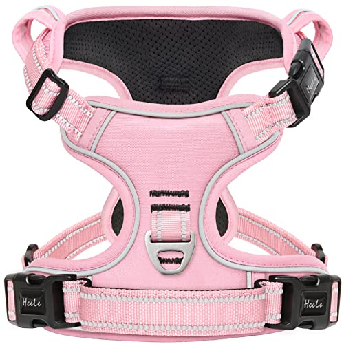 HEELE Hundegeschirr ohne Zug, Brustgeschirr für große Hund, einstellbares reflektierendes Hunde Geschirr, atmungsaktive Hundegeschirre mit gepolstertem Griff, No-Pull Dog Harness, Hellrosa, L