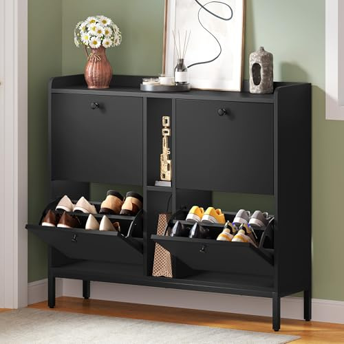 YITAHOME Schuhschrank Schmal mit 4 Klappen, 108 x 27.5 x 95.5 cm für 16 Paar Schuhe mit 2 Offene Regale, Schuhschrank Schwarz, Schuhkipper, Schrank Flur Schuhkommode im Flur, Platzsparend