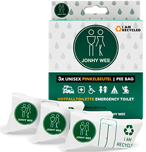Jonhy Wee Pinkelbeutel Taschen-WC für Unterwegs 600ml 3 Stück - Notfall Toilette WC für Frauen, Kinder, Männer - Reisetoilette Auto - Camping Festival Toilette Frauen Urinal Unterwegs Urinbeutel