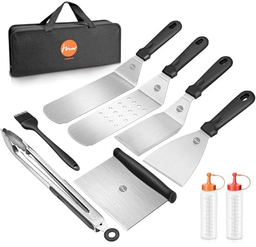 Huolewa Grillspachtel Set, Edelstahl 9 Pcs Flat-Top-Grillbesteck Set | Profi BBQ Zubehör Grillwender mit Turner-Bürstenflaschen und Tragetasche, Idee für Grillen im Freien, Teppanyaki und Camping