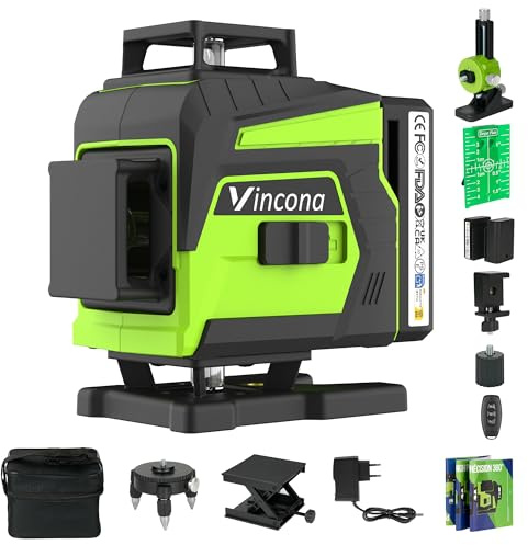 Vincona Kreuzlinienlaser Grün, Laser Wasserwaage 4 x 360 °, Nivellierlaser Selbstnivellierenden 16 Linien, Linienlaser kreuzlaser Baulaser mit 2 x Batterie für Innen- und Außenbereich Baustelle