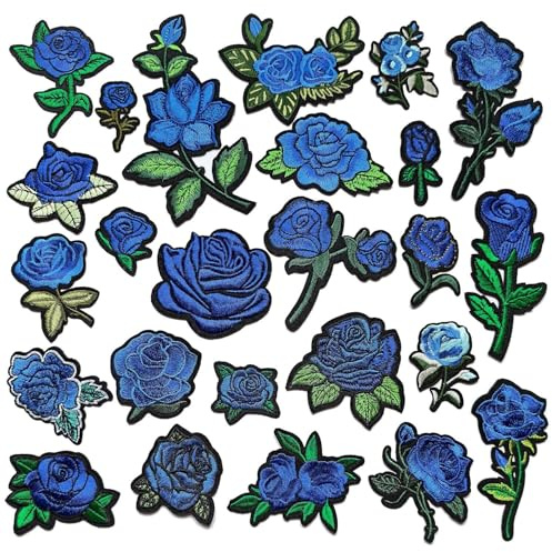 25 Stück Blaue Rosen Patches zum Aufbügeln, Gestickte Blumen Aufnäher in Verschiedenen Größen, DIY Applikationen für Kleidung, Jeans, Jacken, Taschen & Hüte, Dekorative Flicken für Erwachsene